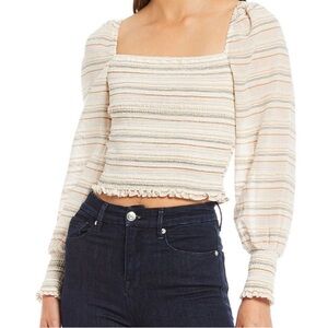 E Gianni Bini 4 Cream Striped Angel Smocked Square Neck Long Sleeve Blouse Top